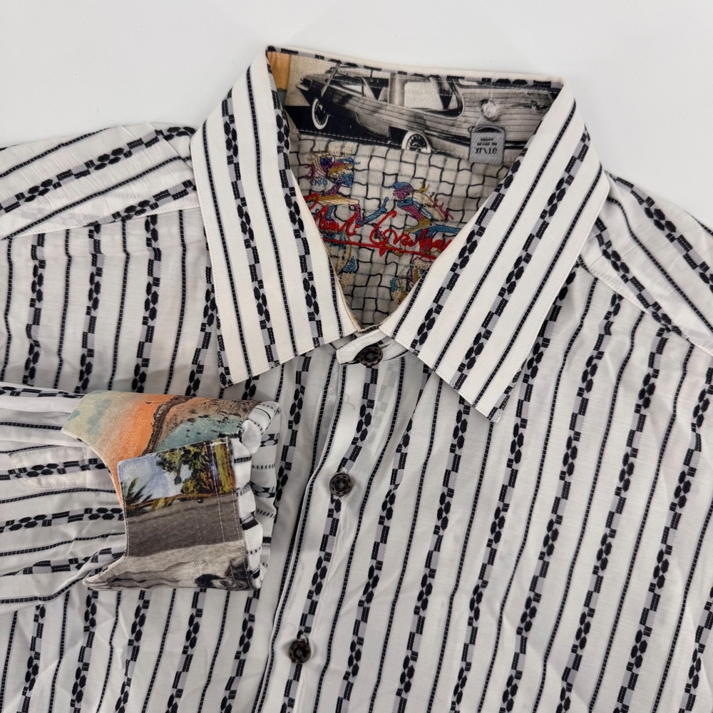 Robert Graham Button Down Men XL White Black Geometric Stripe Contrast Cuff 8657